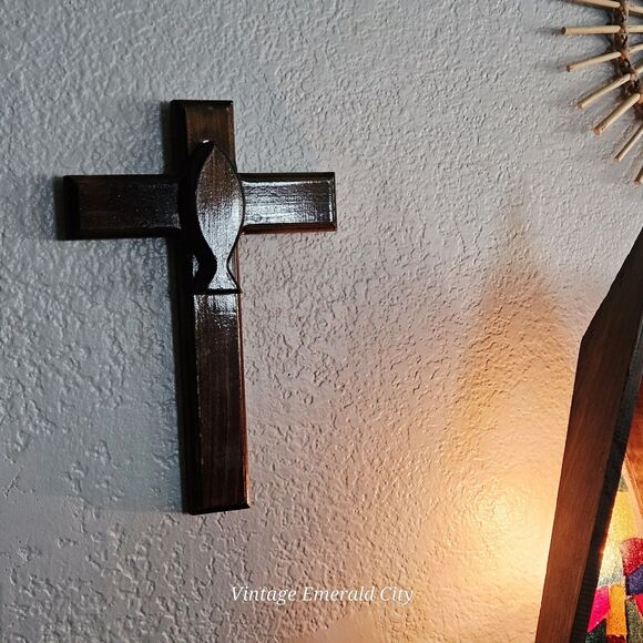 Vtg Hand-Carved 12" Wooden Cross Brown Rustic Decor Easter Jesús Religious Fish - Picture 9 of 11